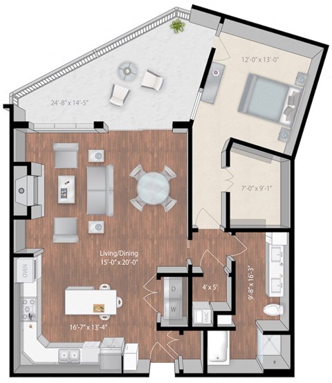 Floor plan for 1 bed, 1 bath, 1117 sqft