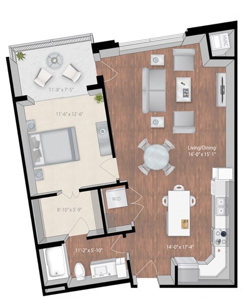 Floor plan for 1 bed, 1 bath, 867 sqft