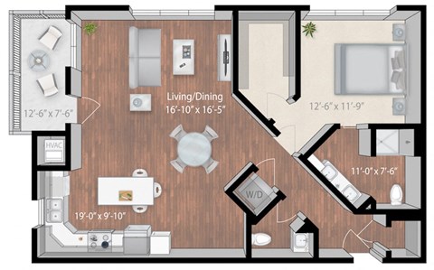 Floor plan for 1 bed, 1 bath, 1069 sqft