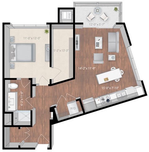 Floor plan for 1 bed, 1 bath, 825 sqft