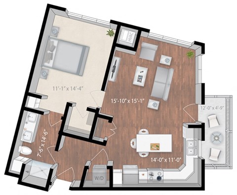 Floor plan for 1 bed, 1 bath, 843 sqft