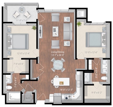Floor plan for 2 beds, 2 baths, 1261 sqft