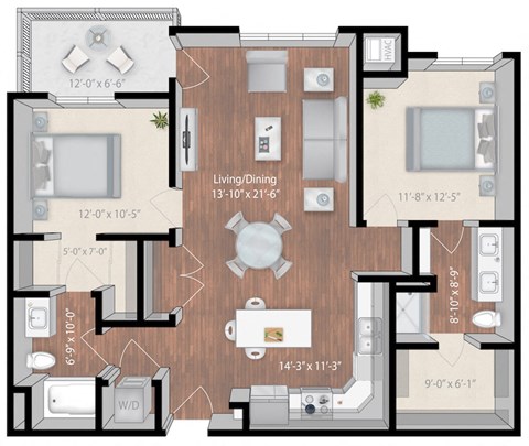 Floor plan for 2 beds, 2 baths, 1169 sqft