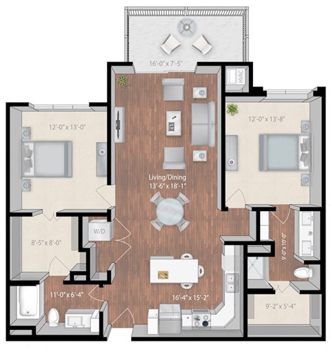 Floor plan for 2 beds, 2 baths, 1257 sqft
