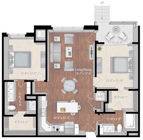 Floor plan for 2 beds, 2 baths, 1164 sqft
