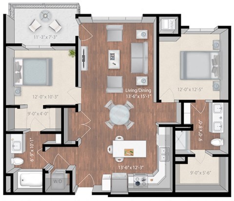 Floor plan for 2 beds, 2 baths, 1171 sqft