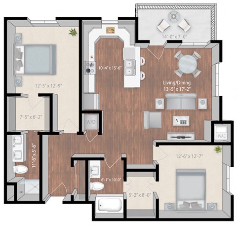 Floor plan for 2 beds, 2 baths, 1290 sqft