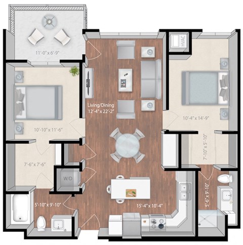 Floor plan for 2 beds, 2 baths, 1068 sqft