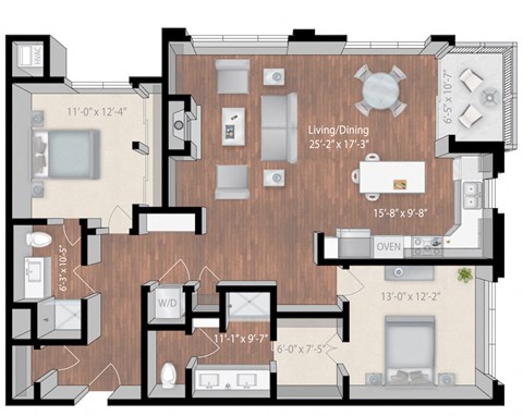 Floor plan for 2 beds, 2 baths, 1399 sqft