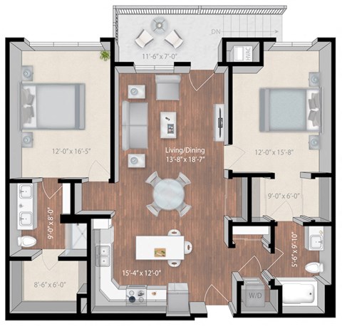Floor plan for 2 beds, 2 baths, 1310 sqft