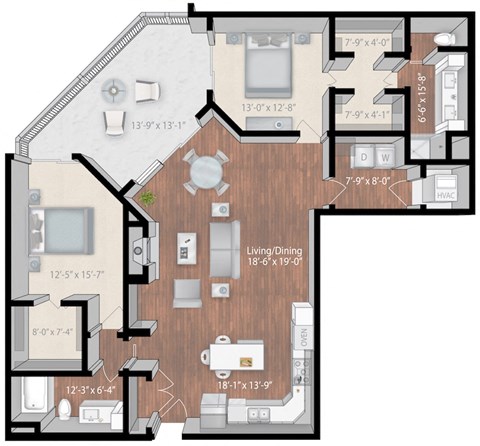 Floor plan for 2 beds, 2 baths, 1642 sqft