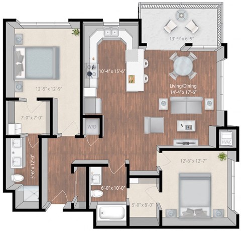Floor plan for 2 beds, 2 baths, 1307 sqft