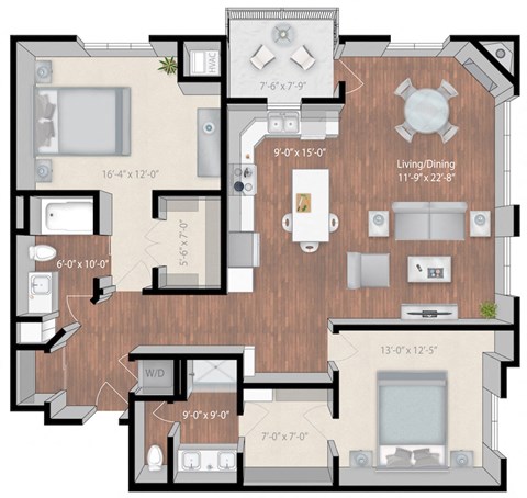 Floor plan for 2 beds, 2 baths, 1415 sqft
