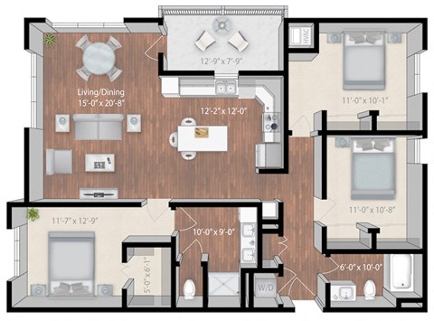 Floor plan for 3 beds, 2 baths, 1540 sqft