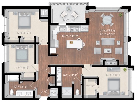 Floor plan for 3 beds, 2 baths, 1491 sqft