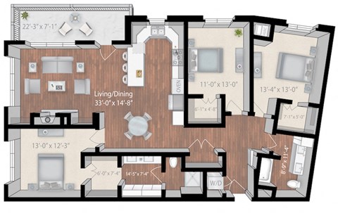 Floor plan for 3 beds, 2 baths, 1692 sqft