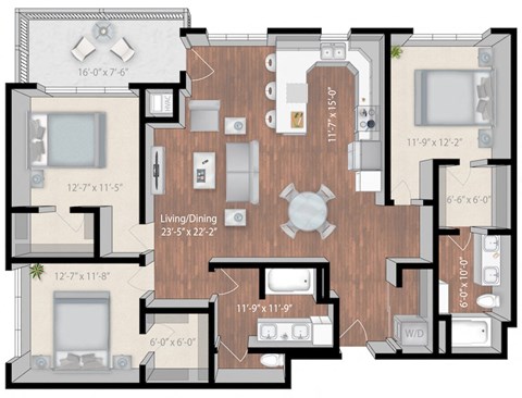 Floor plan for 3 beds, 2 baths, 1613 sqft