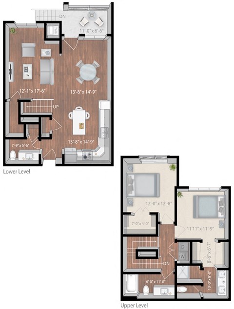 Floor plan for 2 beds, 2.5 baths, 1581 sqft