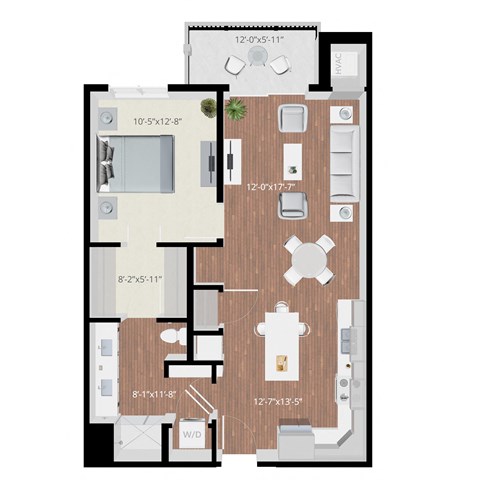 Floor plan for 1 bed, 1 bath, 794 sqft