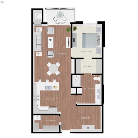Floor plan for 1 bed, 1 bath, 1006 sqft