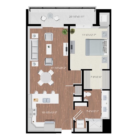 Floor plan for 1 bed, 1 bath, 821 sqft