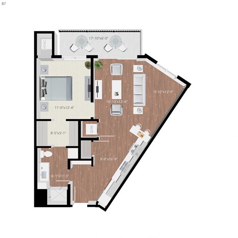 Floor plan for 1 bed, 1 bath, 761 sqft