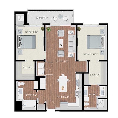 Floor plan for 2 beds, 2 baths, 1122 sqft