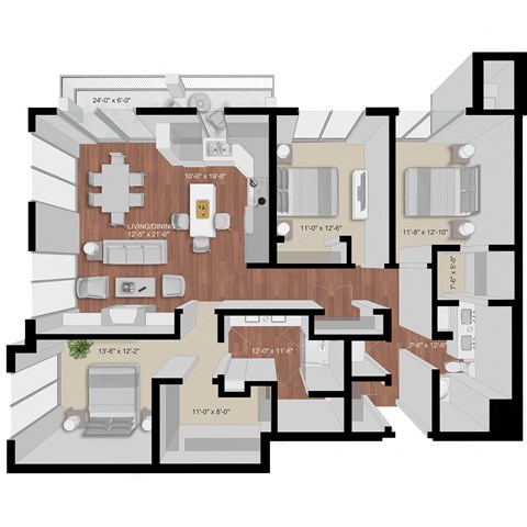 Floor plan for 3 beds, 2 baths, 1669 sqft