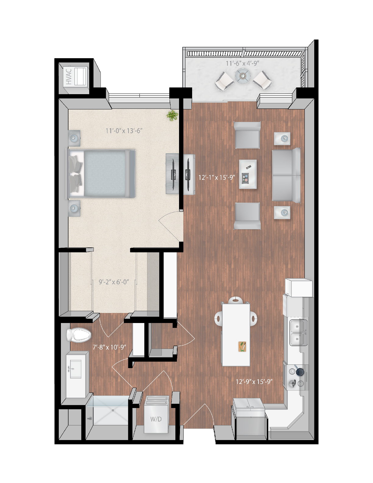 Floor plan for 1 bed, 1 bath, 814 sqft