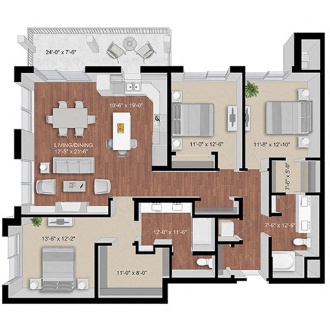 Floor plan for 3 beds, 2 baths, 1669 sqft