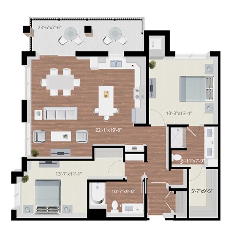 Floor plan for 2 beds, 2 baths, 1255 sqft