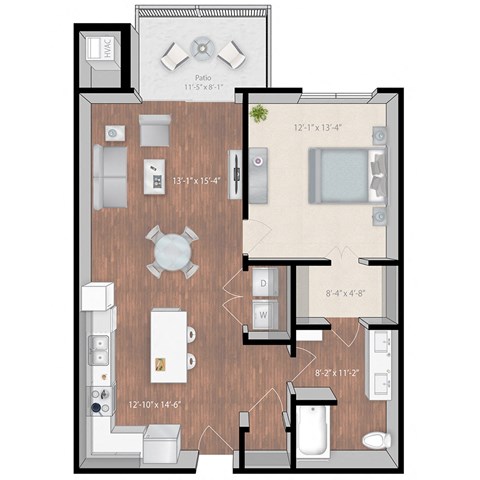 Floor plan for 1 bed, 1 bath, 846 sqft