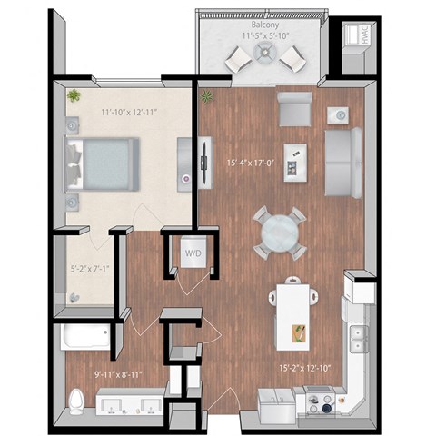 Floor plan for 1 bed, 1 bath, 908 sqft
