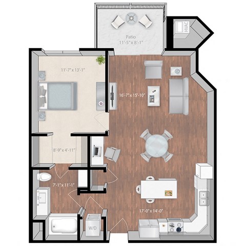 Floor plan for 1 bed, 1 bath, 933 sqft