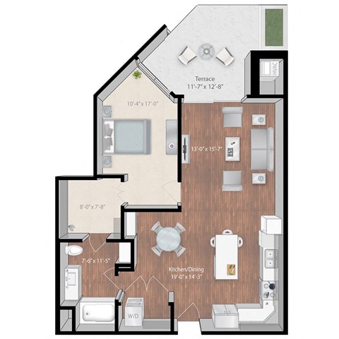 Floor plan for 1 bed, 1 bath, 915 sqft