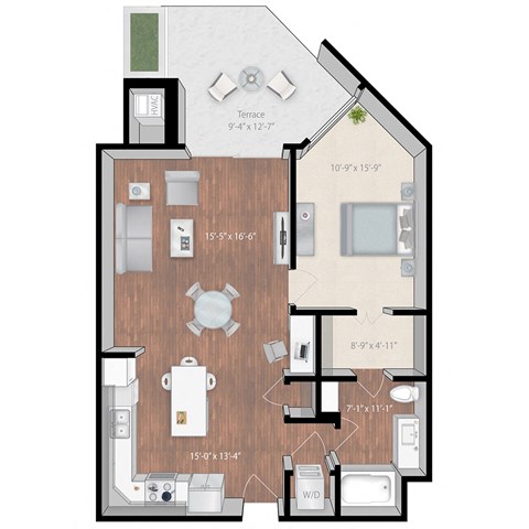 Floor plan for 1 bed, 1 bath, 908 sqft