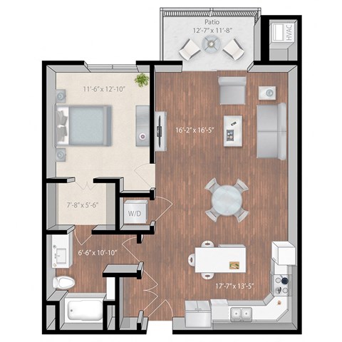Floor plan for 1 bed, 1 bath, 923 sqft