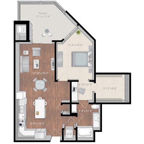 Floor plan for 1 bed, 1 bath, 933 sqft