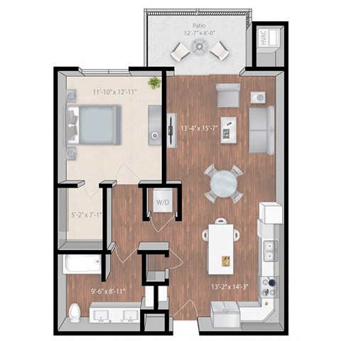 Floor plan for 1 bed, 1 bath, 847 sqft