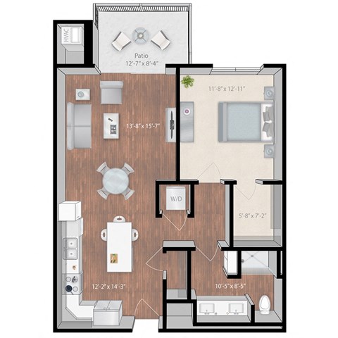 Floor plan for 1 bed, 1 bath, 849 sqft