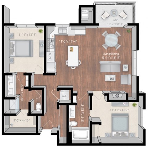 Floor plan for 2 beds, 2 baths, 1278 sqft