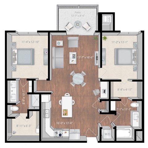 Floor plan for 2 beds, 2 baths, 1206 sqft