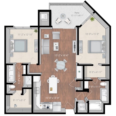 Floor plan for 2 beds, 2 baths, 1205 sqft