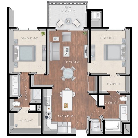 Floor plan for 2 beds, 2 baths, 1141 sqft