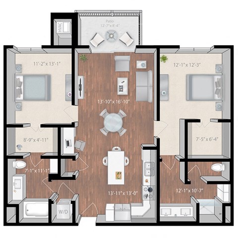Floor plan for 2 beds, 2 baths, 1235 sqft