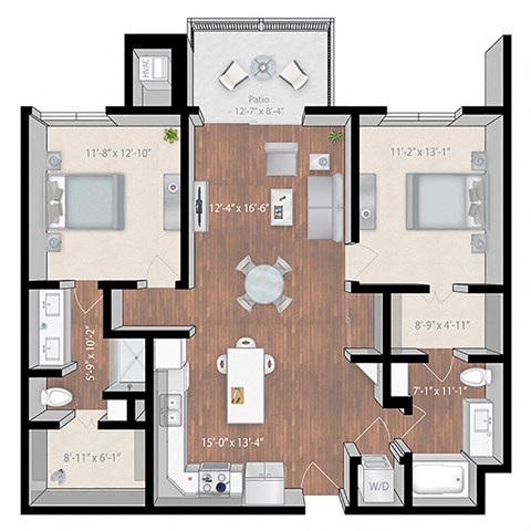 Floor plan for 2 beds, 2 baths, 1177 sqft