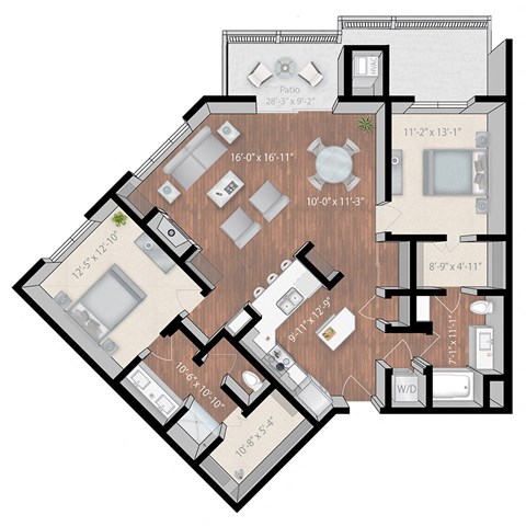 Floor plan for 2 beds, 2 baths, 1361 sqft