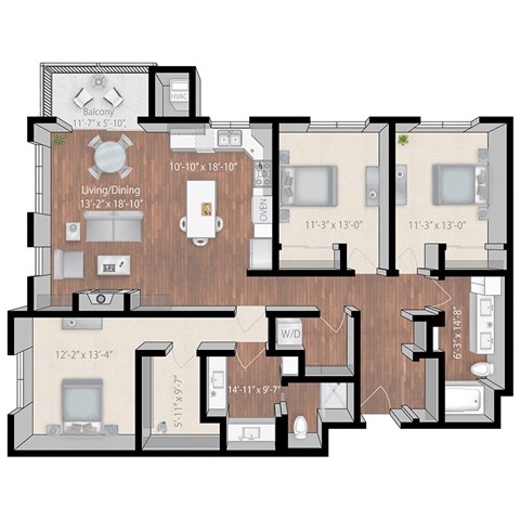 Floor plan for 3 beds, 2 baths, 1631 sqft