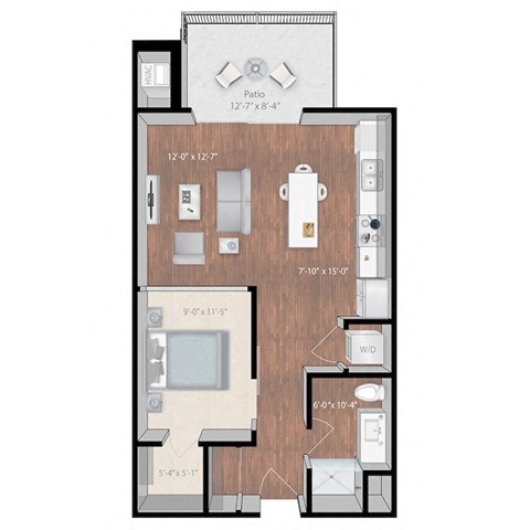 Floor plan for 1 bed, 1 bath, 659 sqft