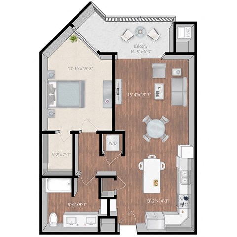 Floor plan for 1 bed, 1 bath, 872 sqft